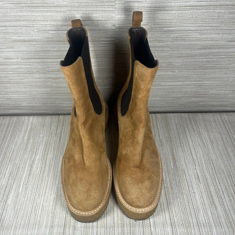 FRAME Suede Chelsea Boots Tan Brown Elastic Side Block Heel Women's 38.5‎ Boho